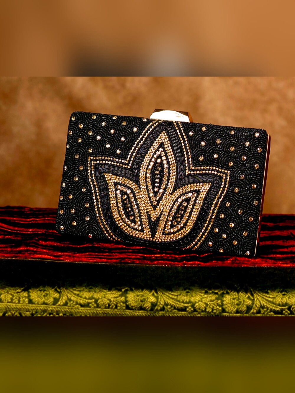 Embellished Black and Gold Evening Clutch